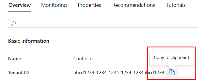 Copy tenant ID screen