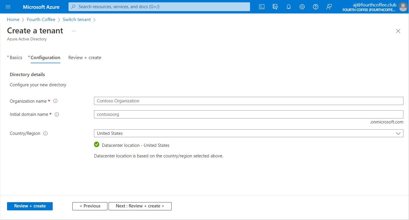 Create new tenant configuration screen