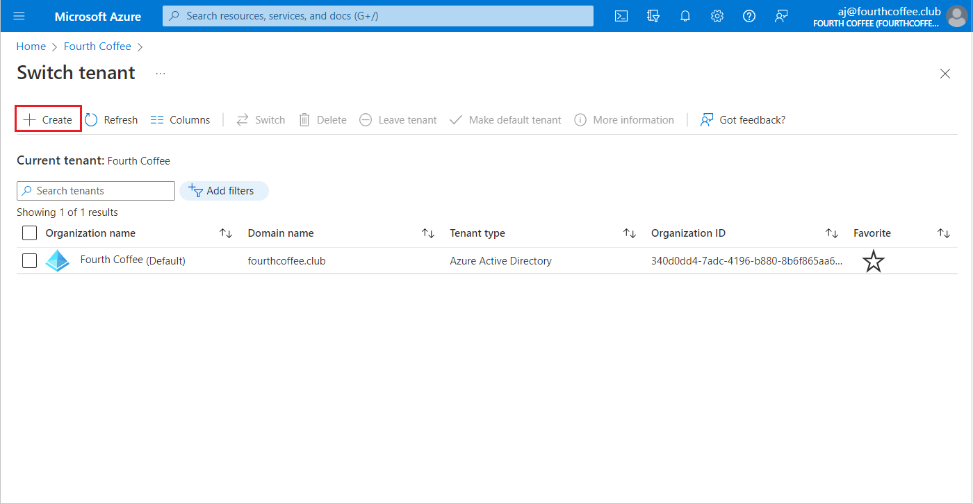 Azure portal showing Manage tenants option